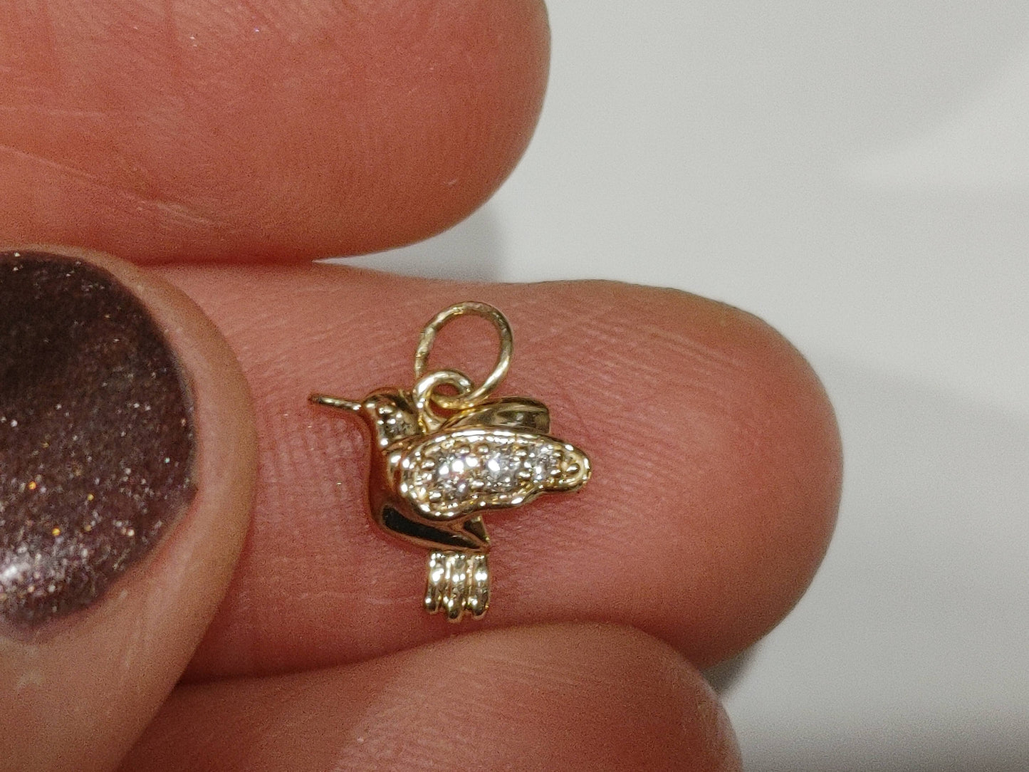 14K Solid Gold Diamond Hummingbird Charm Pendant or Necklace