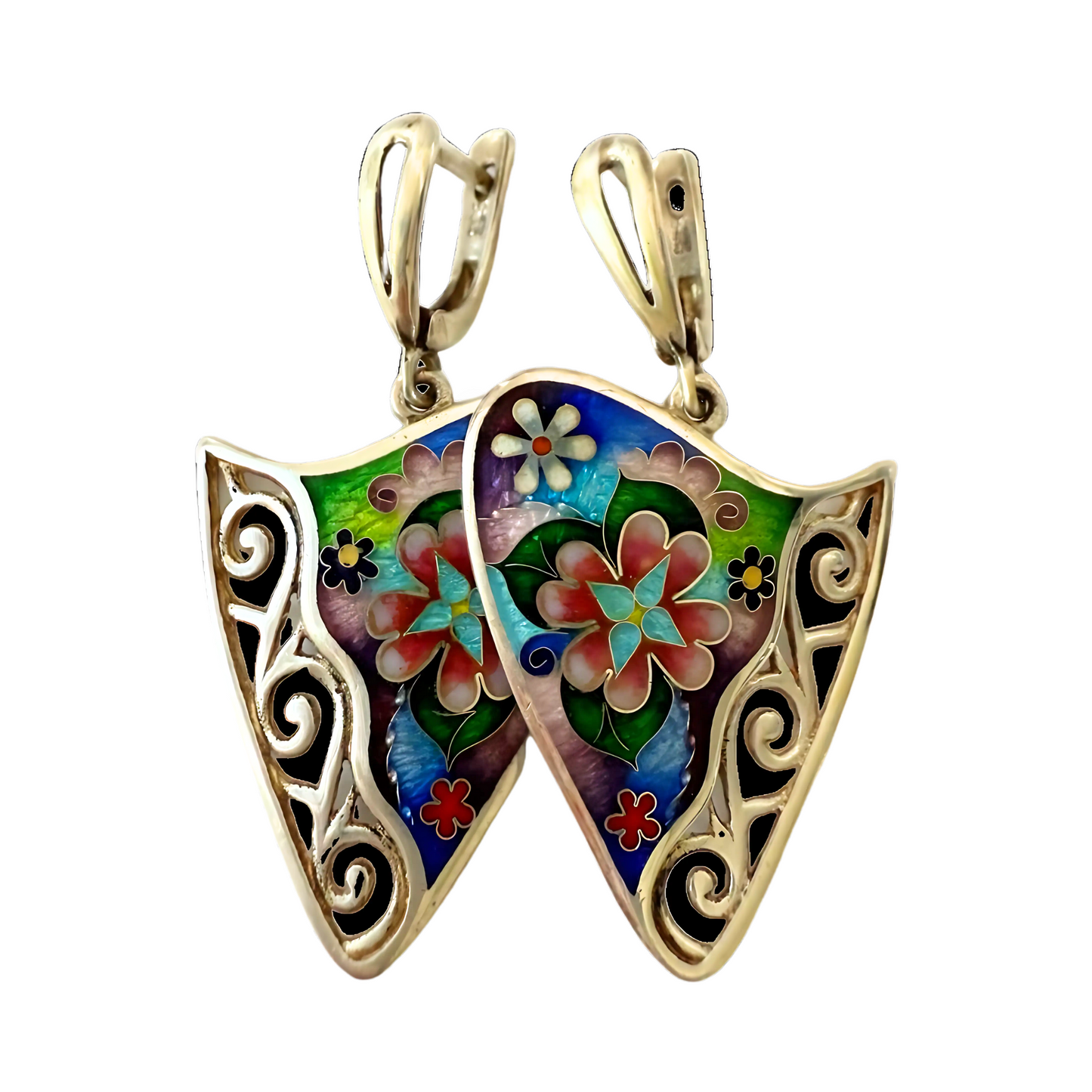 Enamel Cloisonne Earrings Flowers Silver