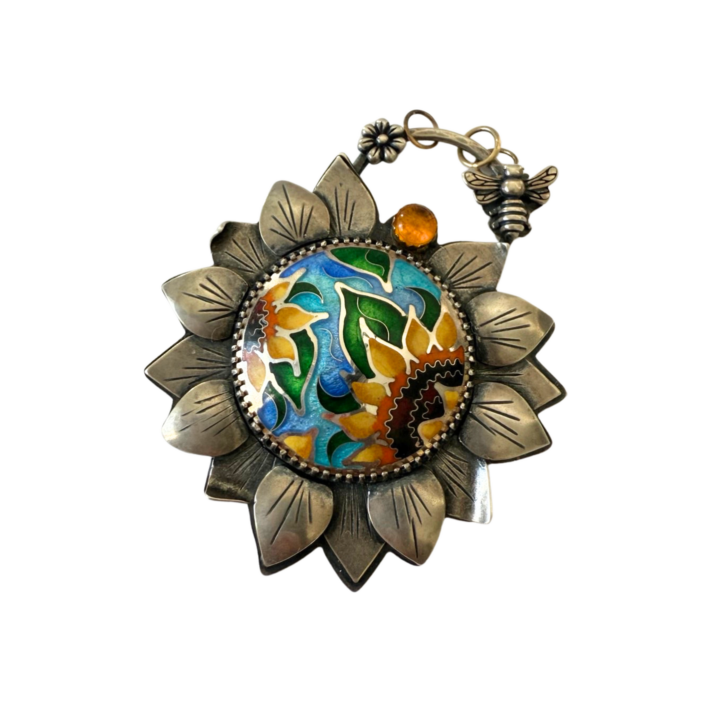 Handmade Sunflower Necklace Cloisonne Champleve Pendant