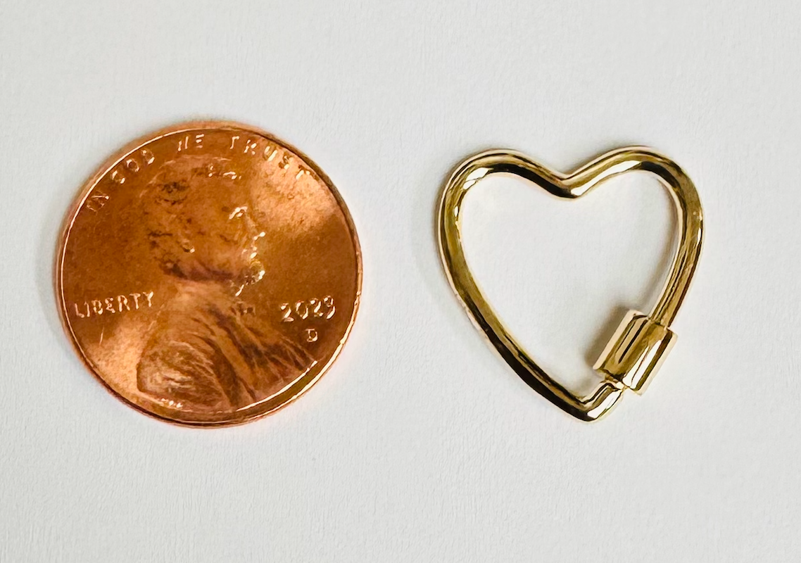 10K Gold Heart Charm Bail Clasp Carabiner For Necklaces Paperclip Chains