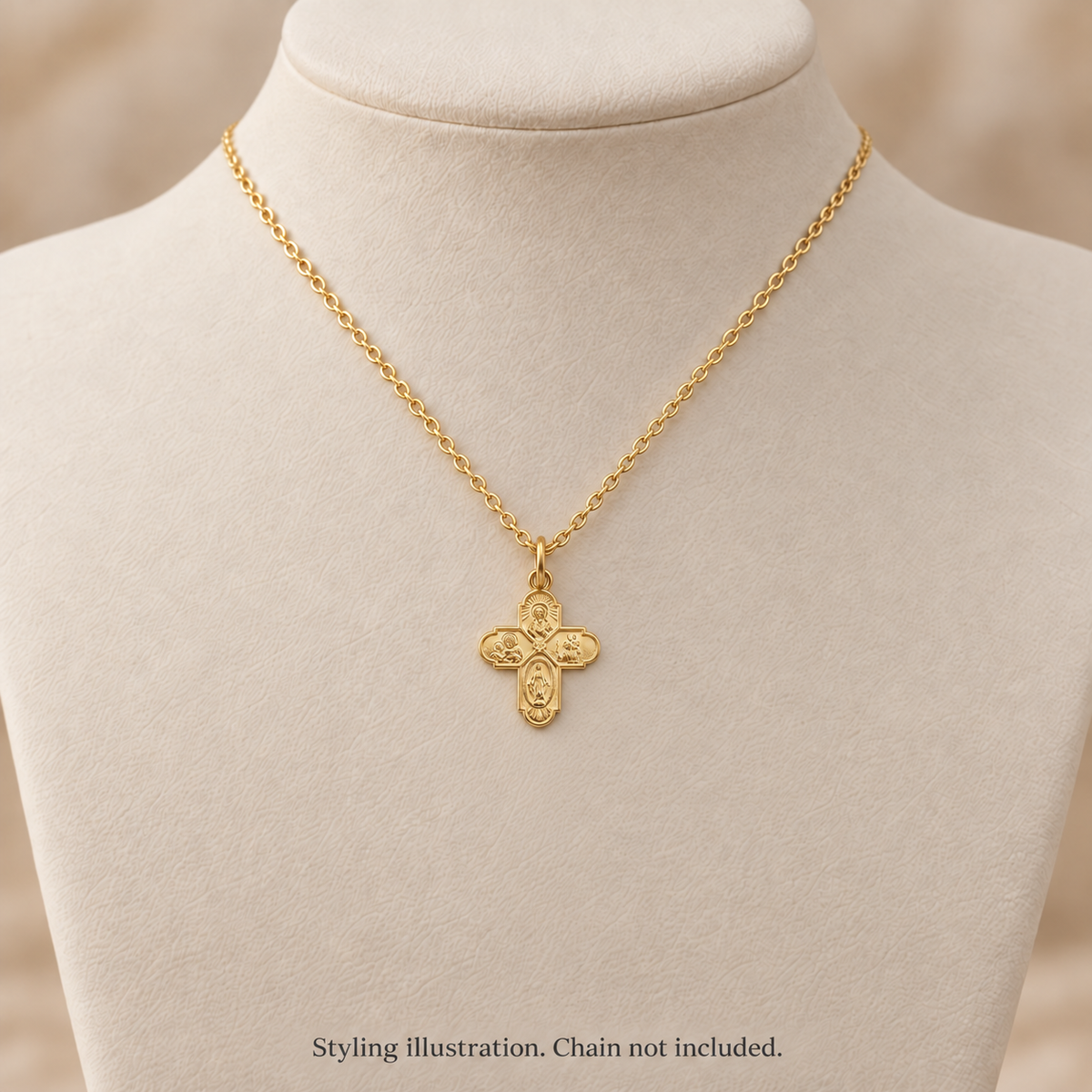 Styling illustration of the yellow gold four-way cross medal on a fine chain; chain not included