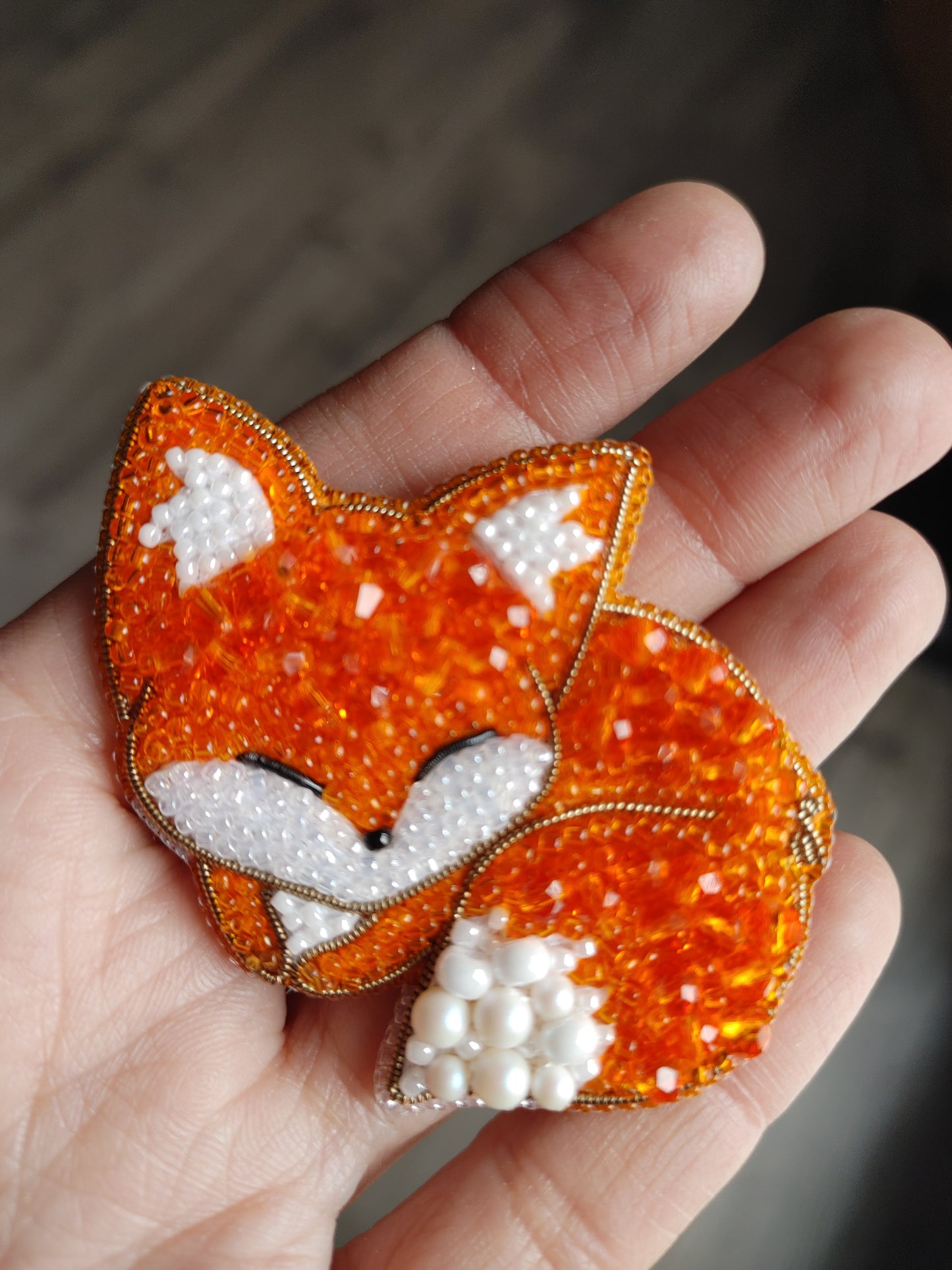 Beaded Embroidered Sleeping Fox Brooch Handmade
