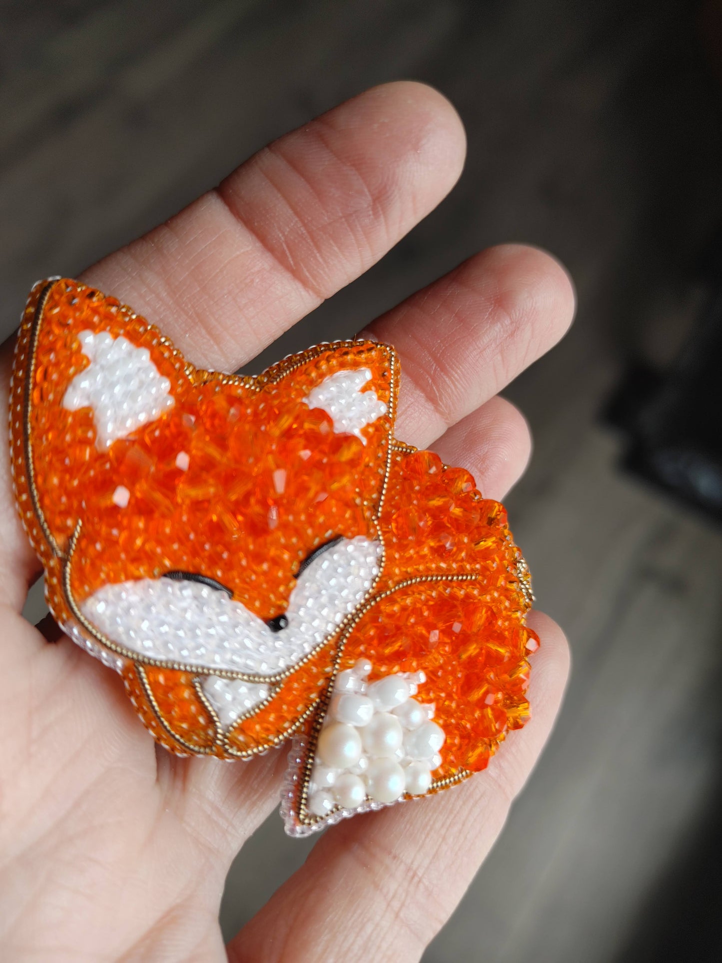 Beaded Embroidered Sleeping Fox Brooch Handmade