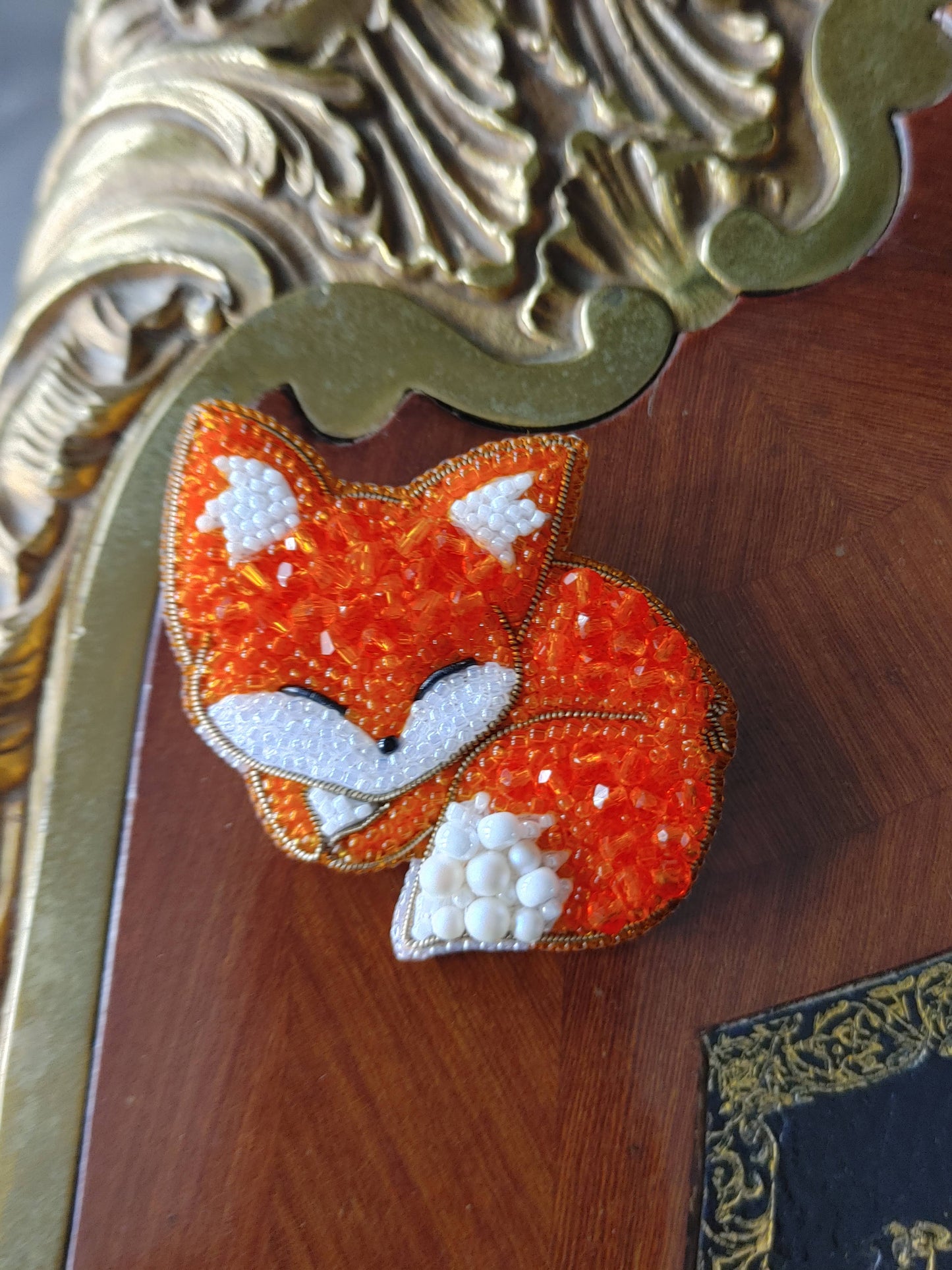 Beaded Embroidered Sleeping Fox Brooch Handmade