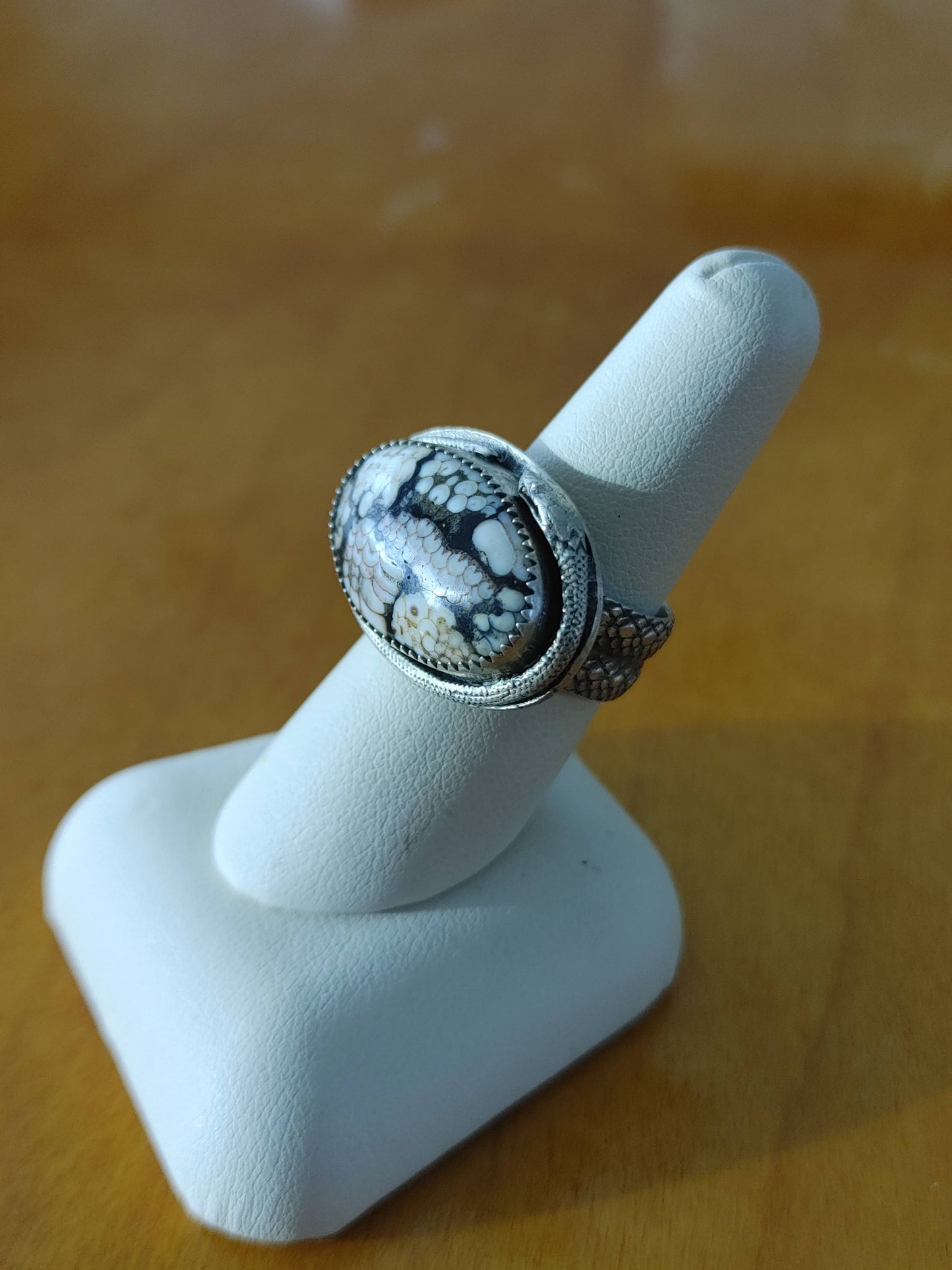 Handmade snakeskin agate cabochon ring size 7