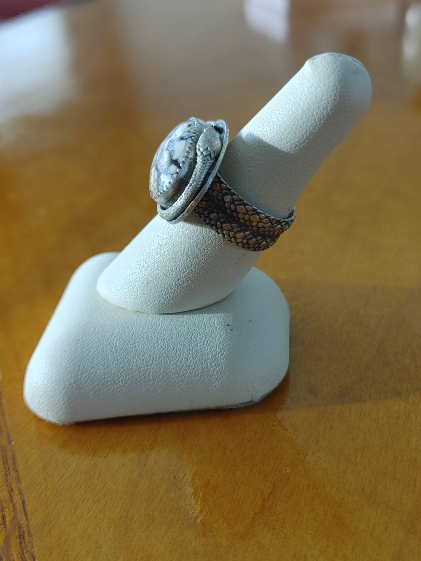 Handmade snakeskin agate cabochon ring size 7