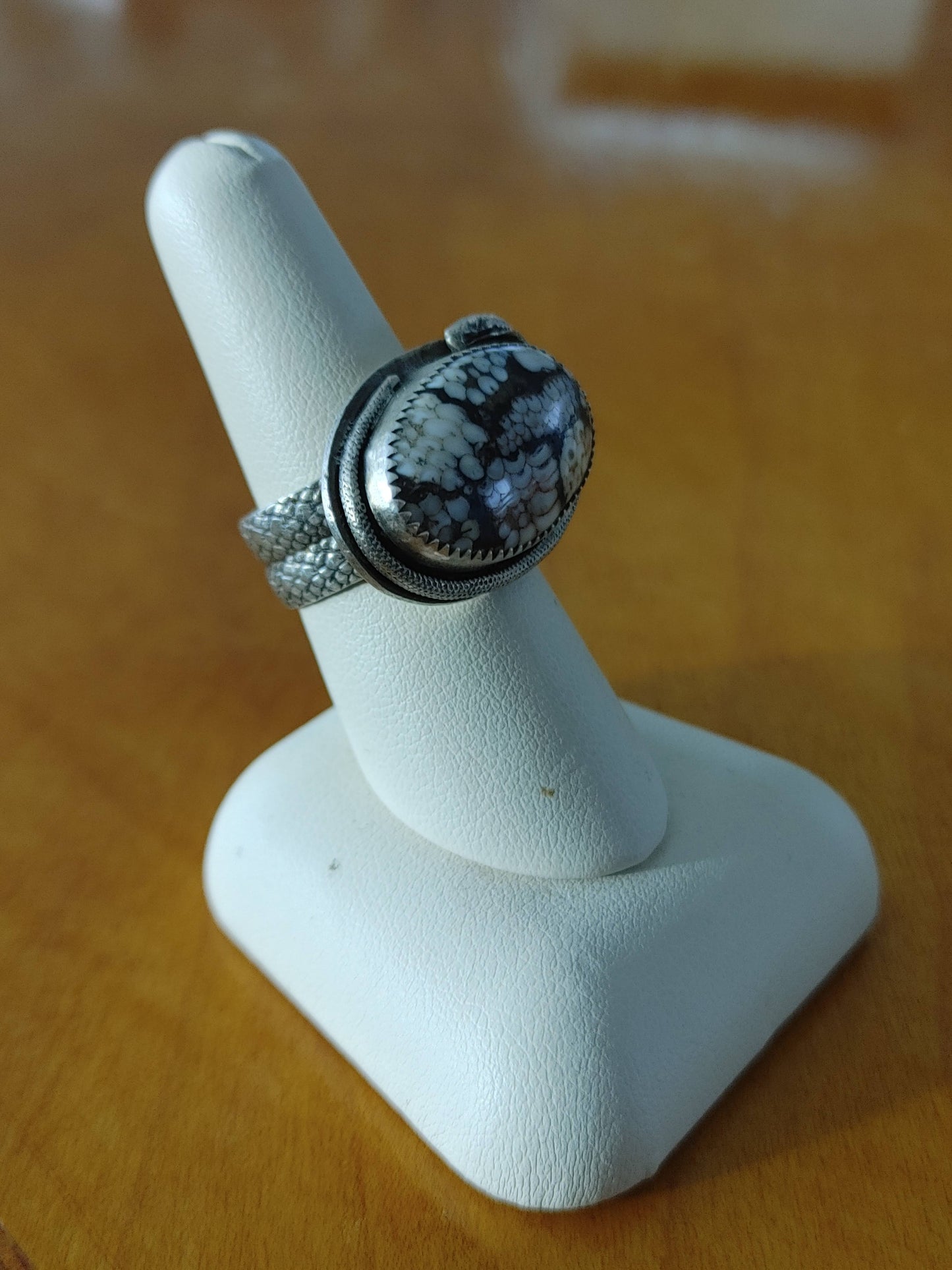 Handmade snakeskin agate cabochon ring size 7