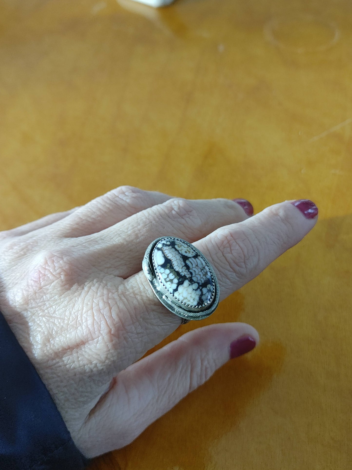 Handmade snakeskin agate cabochon ring size 7