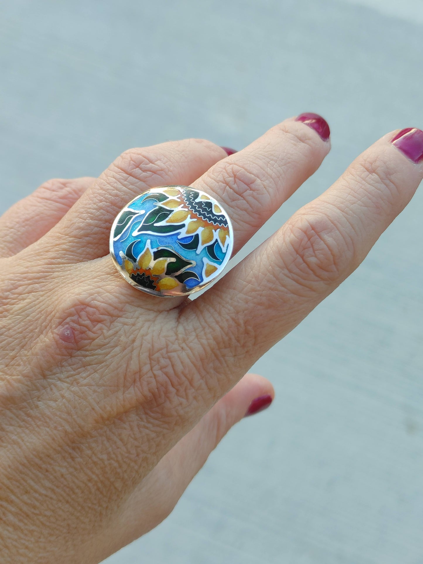 Enamel Cloisonné Sunflower Ring Handmade