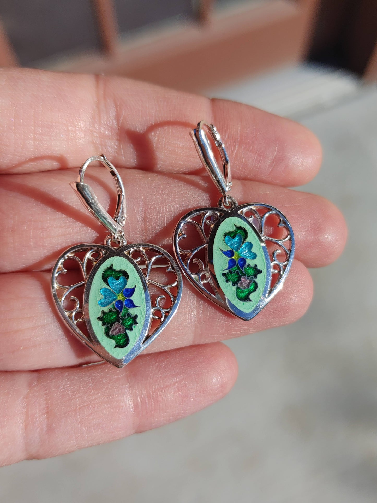 Cloisonne Enamel Flowers Filigree Earrings Handmade
