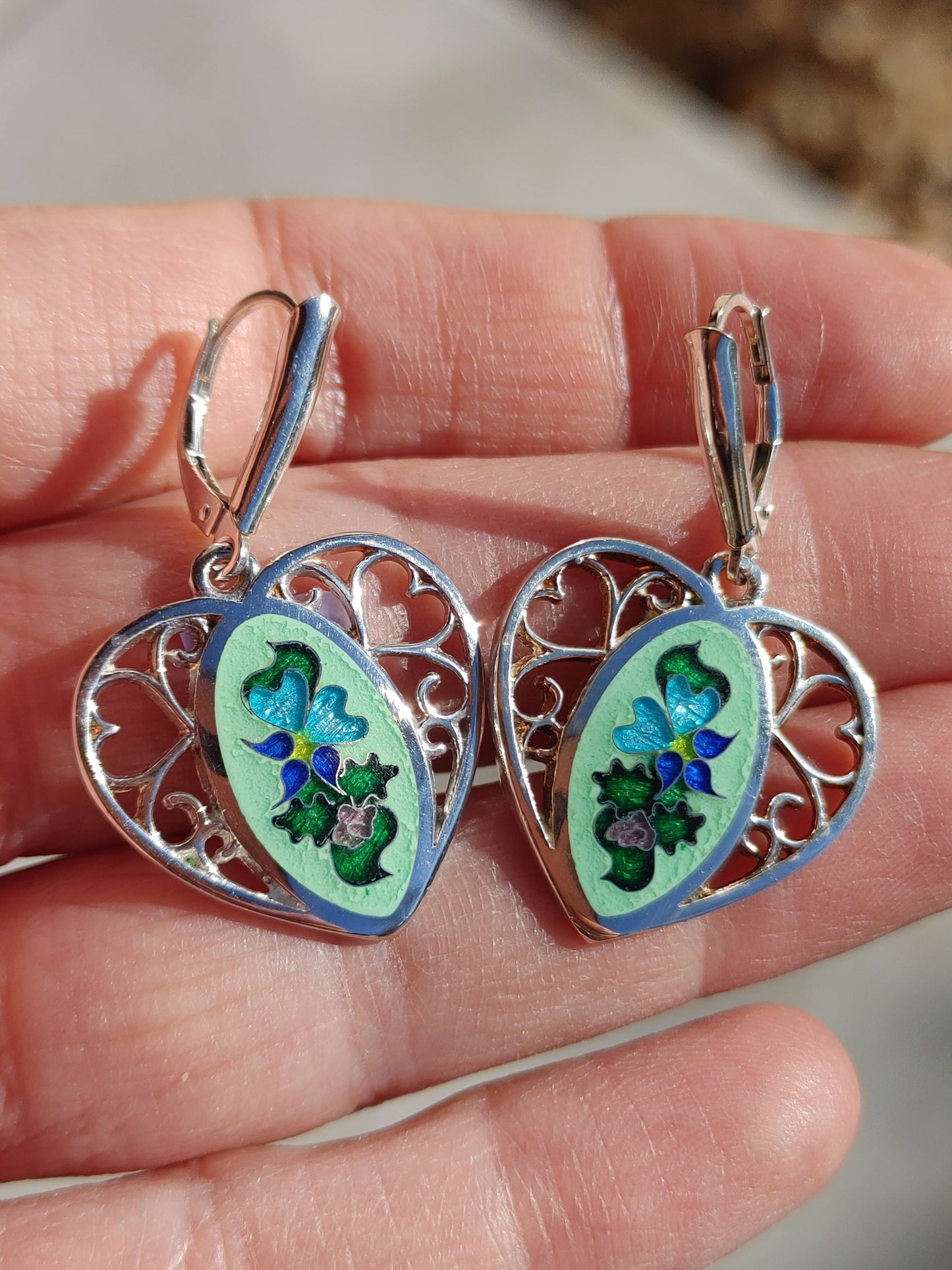 Cloisonne Enamel Flowers Filigree Earrings Handmade