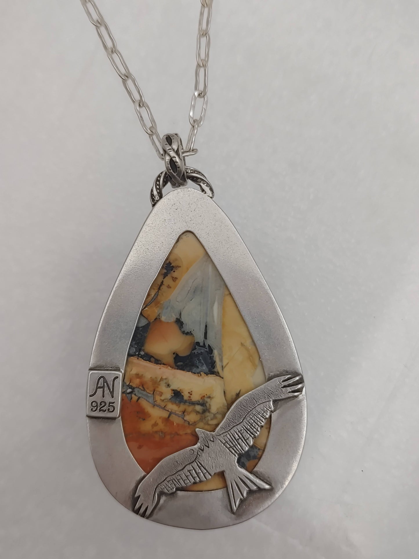 Maligano Dendritic Jasper Eagle Pendant Sterling Silver Handmade