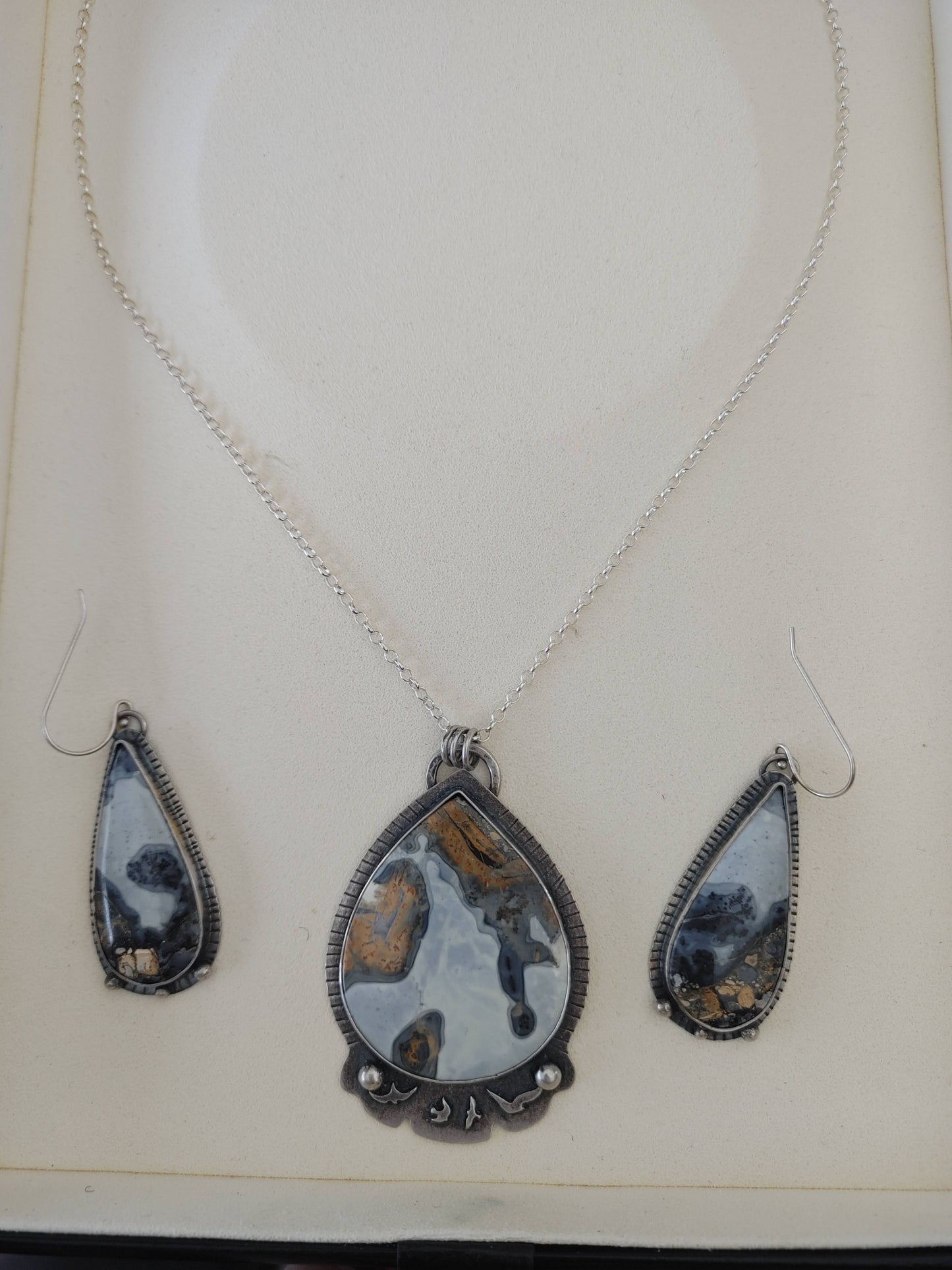 Maligano Landscape Jasper Pendant and Earrings Sterling Silver