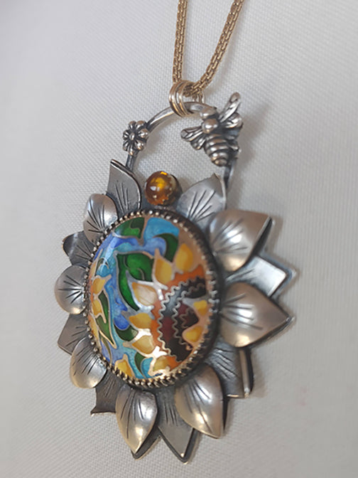Handmade Sunflower Necklace Cloisonne Champleve Pendant