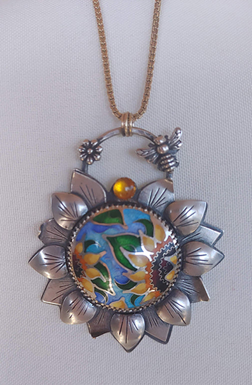 Handmade Sunflower Necklace Cloisonne Champleve Pendant