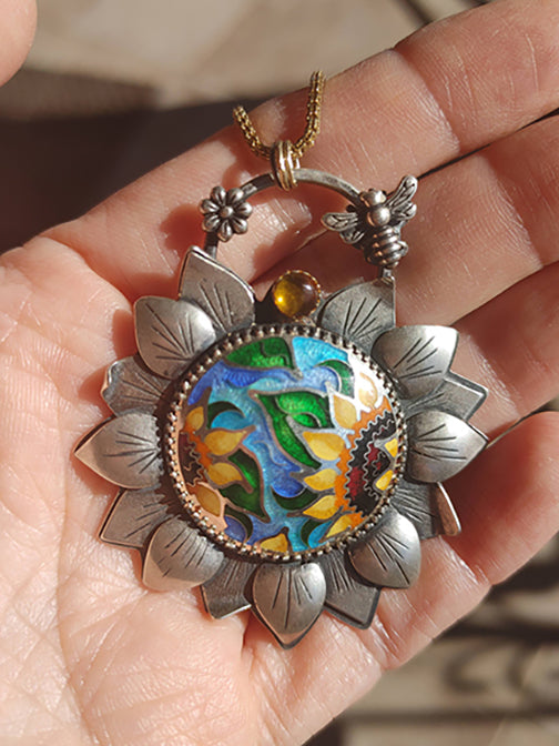 Handmade Sunflower Necklace Cloisonne Champleve Pendant