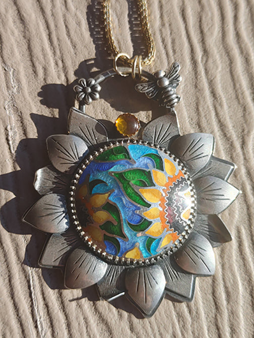 Handmade Sunflower Necklace Cloisonne Champleve Pendant