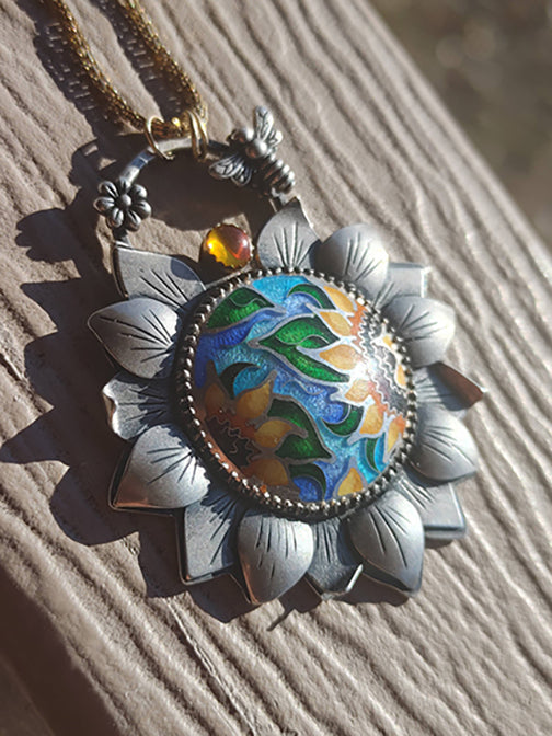 Handmade Sunflower Necklace Cloisonne Champleve Pendant