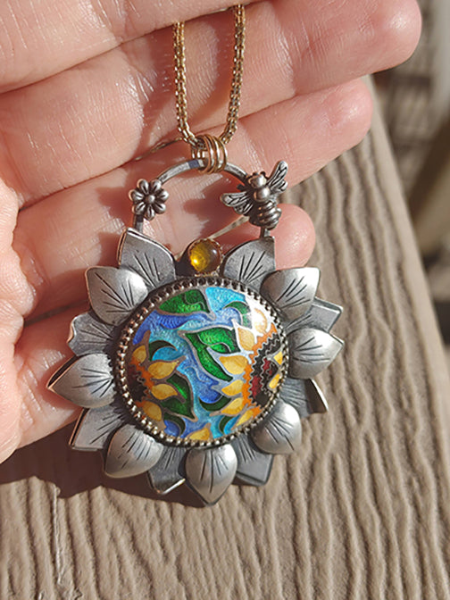 Handmade Sunflower Necklace Cloisonne Champleve Pendant