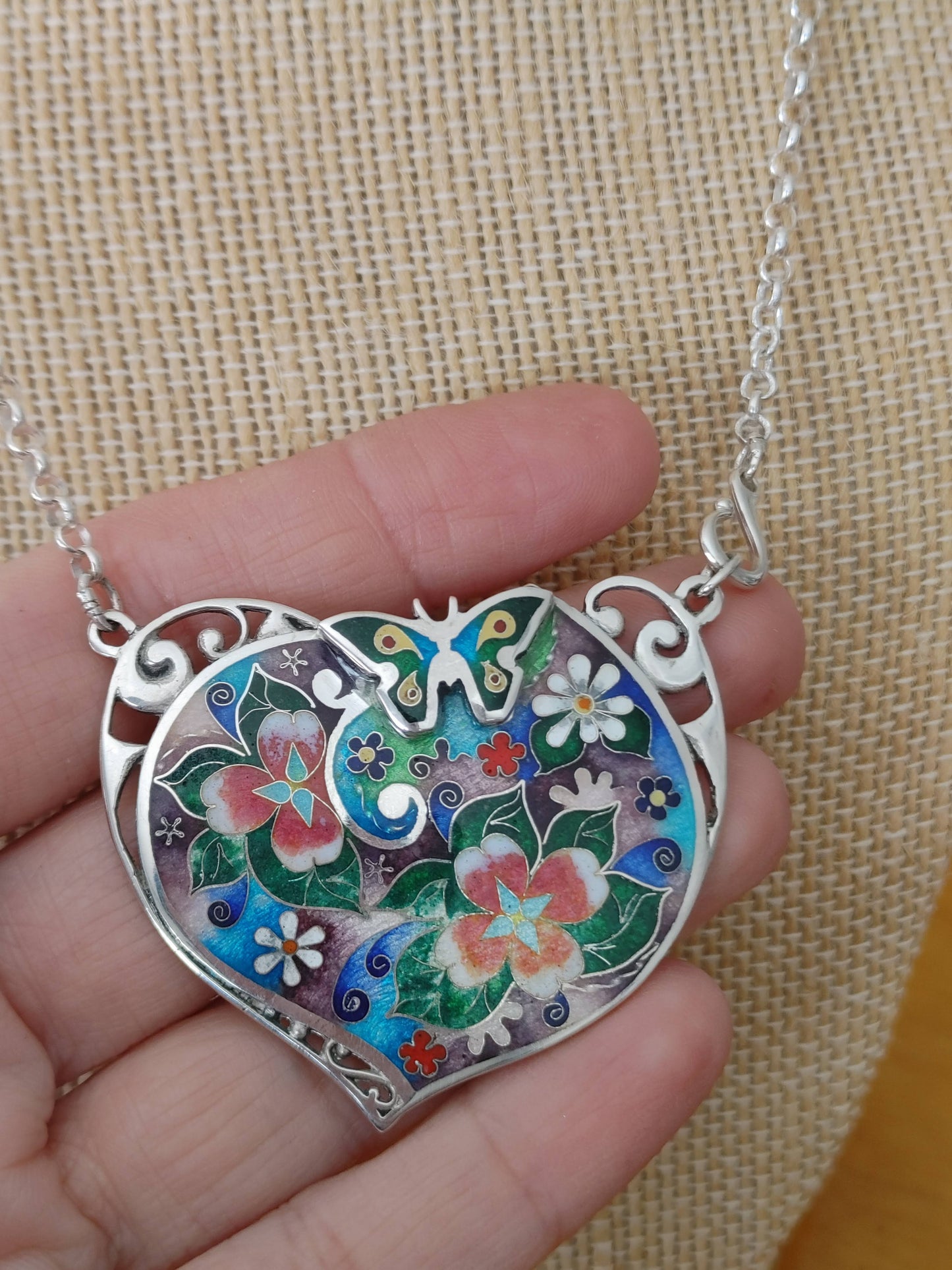 Handmade Enamel Cloisonne Necklace "Spring and butterfly"