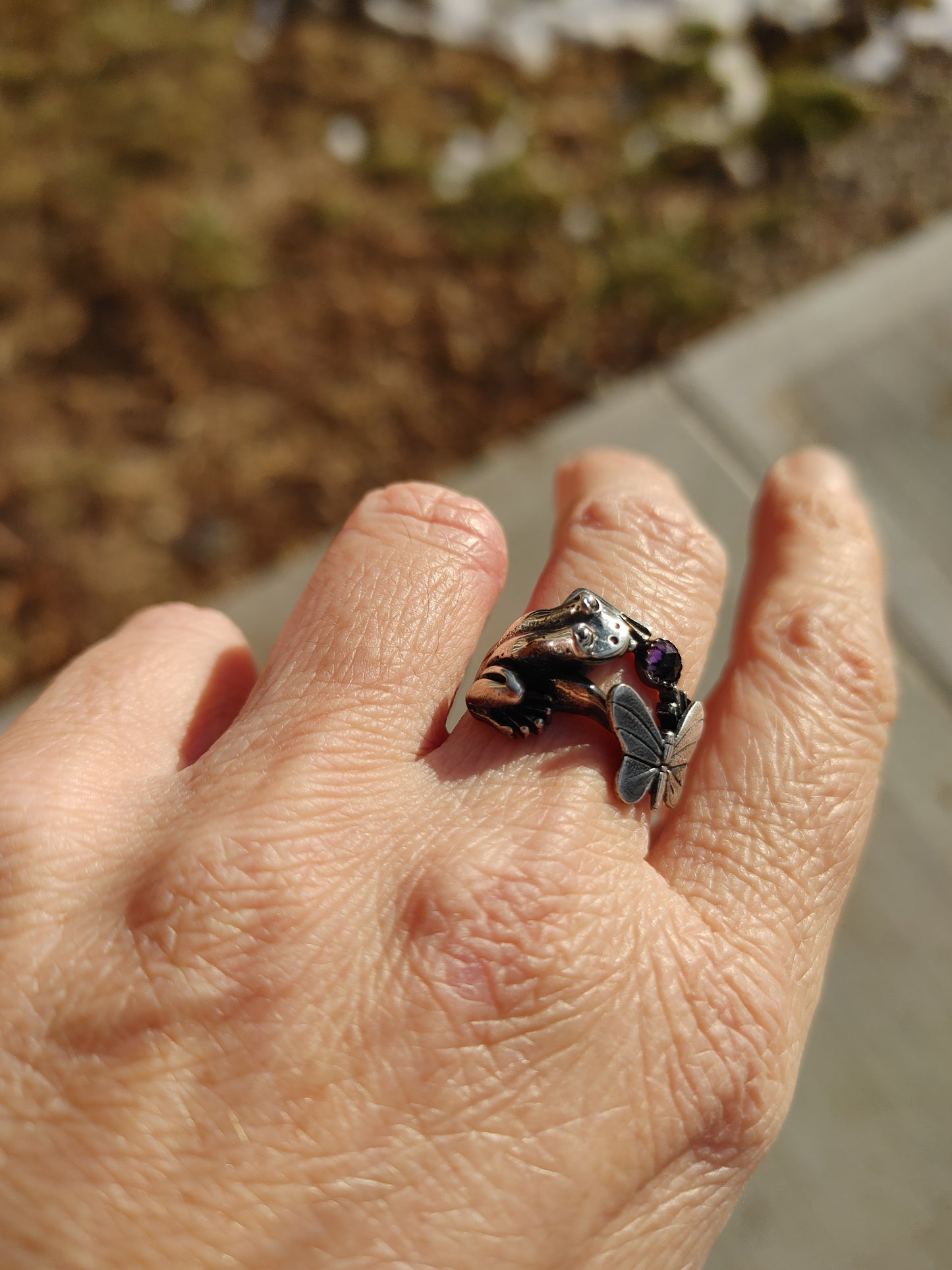 Sterling Silver Frog Ring with Amethyst Handmade