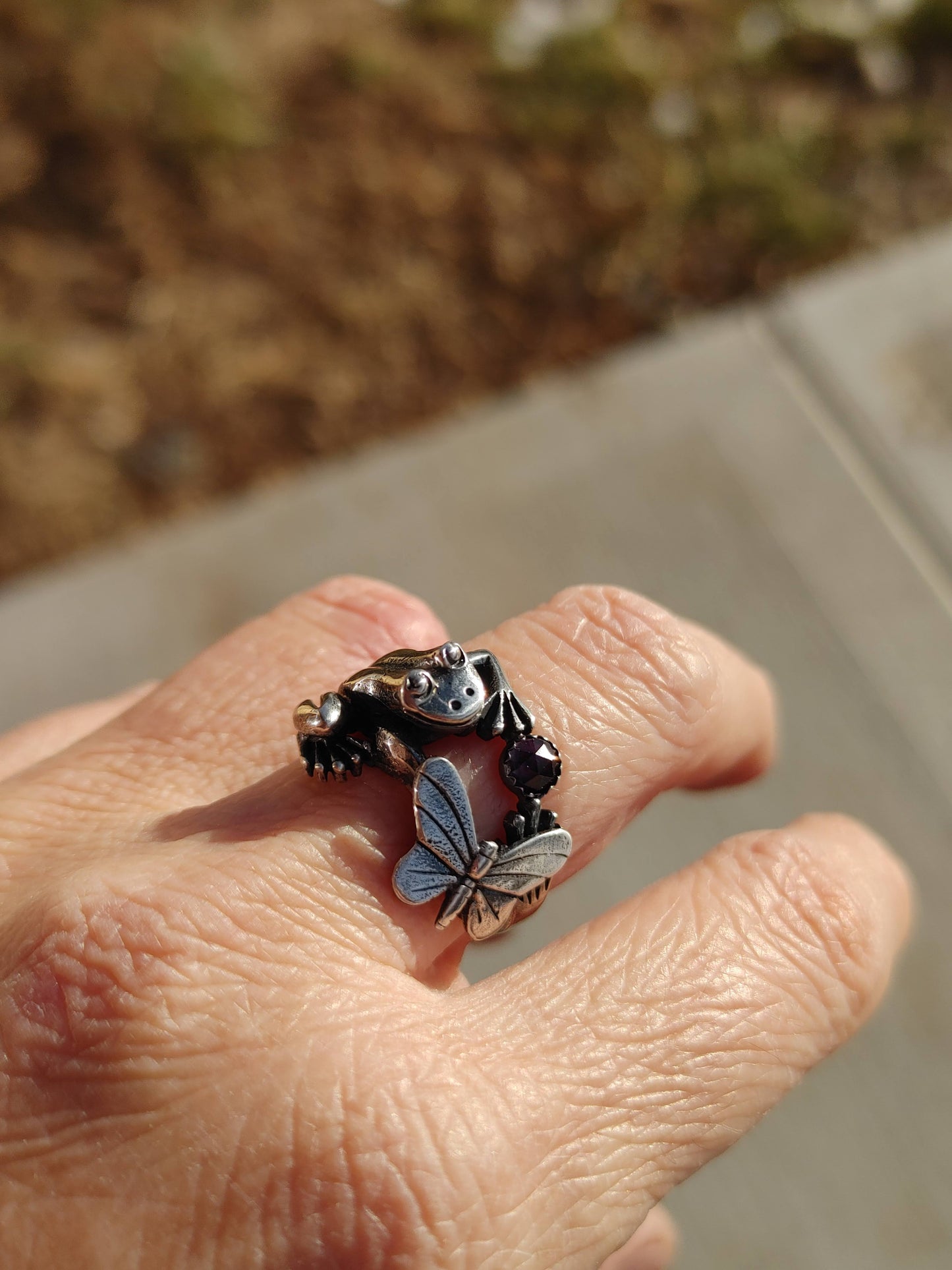 Sterling Silver Frog Ring with Amethyst Handmade