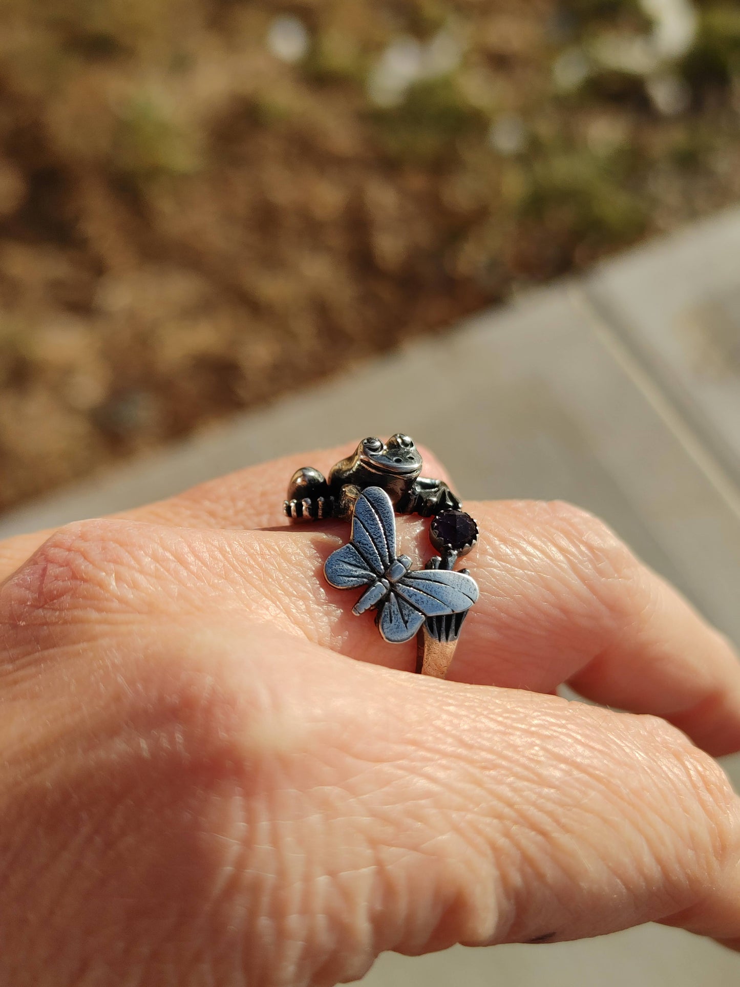 Sterling Silver Frog Ring with Amethyst Handmade