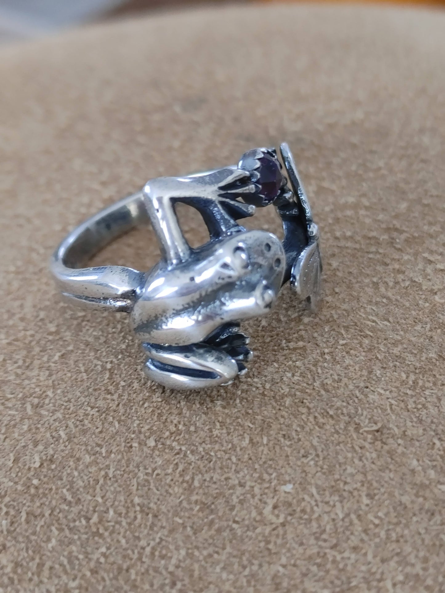 Sterling Silver Frog Ring with Amethyst Handmade