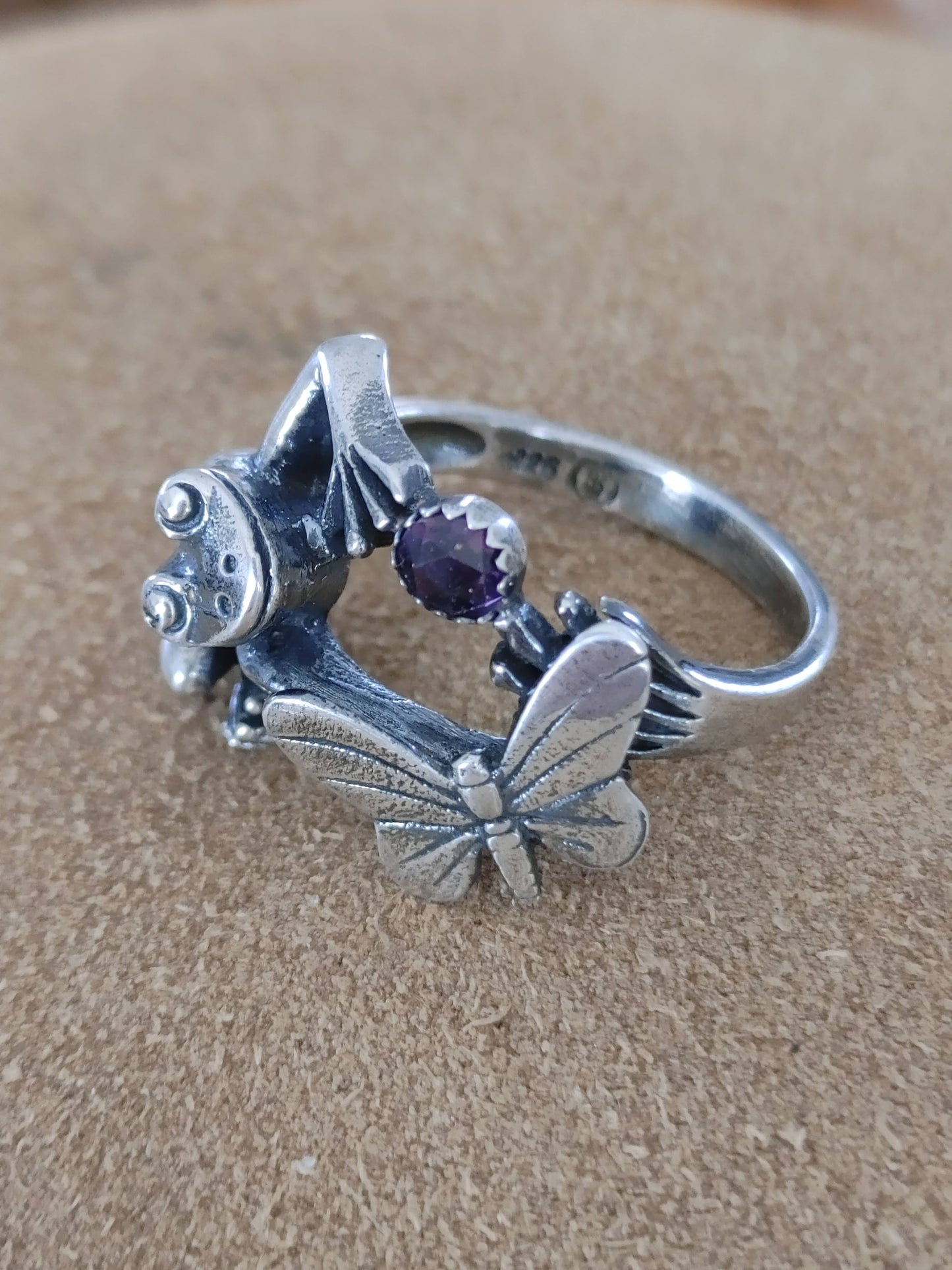 Sterling Silver Frog Ring with Amethyst Handmade