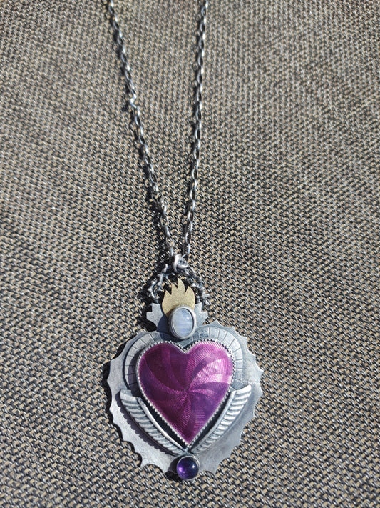 Enamel Guilloche Sacred Heart Necklace Moonstone Amethyst Handmade