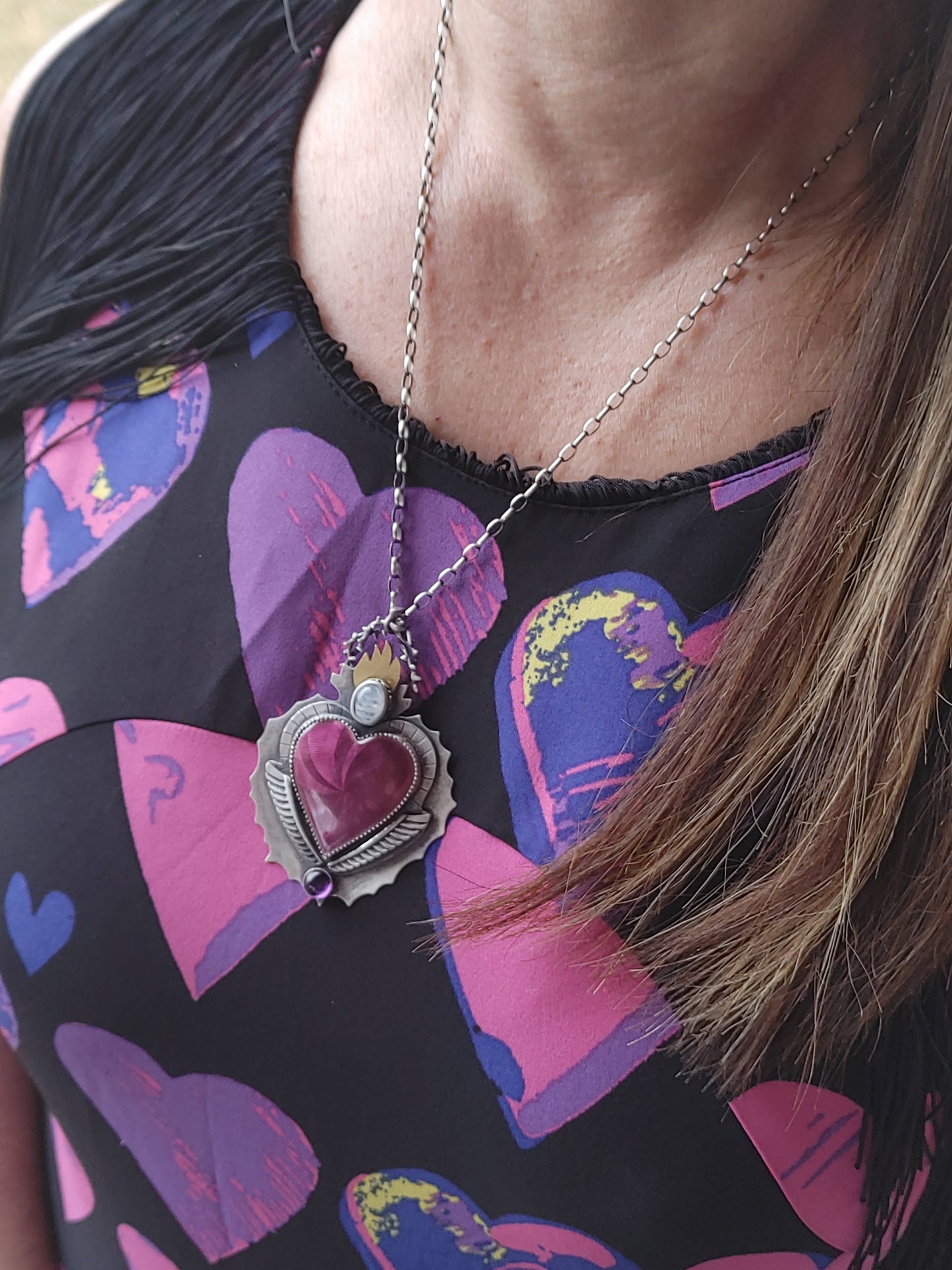 Enamel Guilloche Sacred Heart Necklace Moonstone Amethyst Handmade