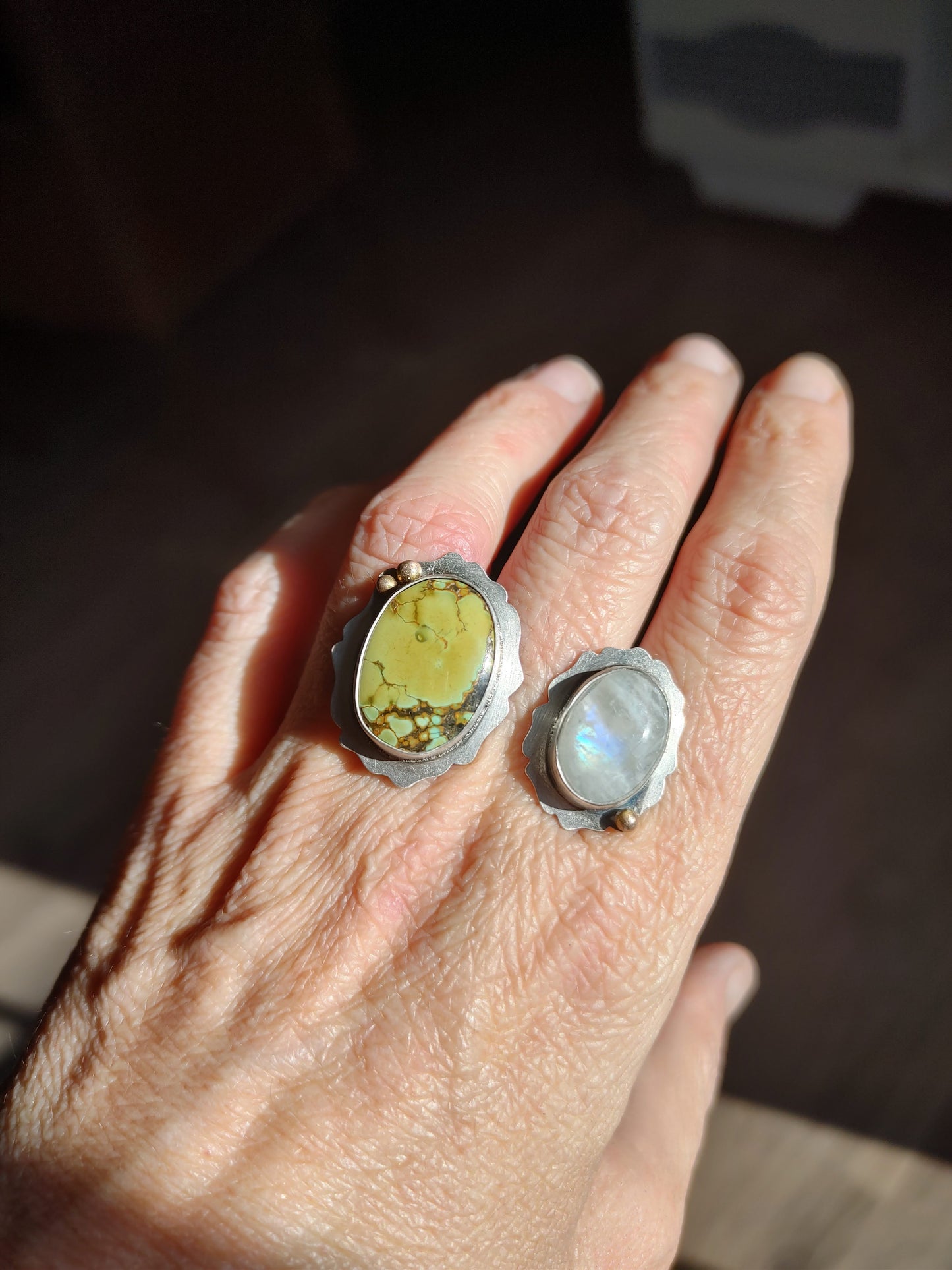Handmade Turquoise Moonstone Double Ring 18K Gold Sterling Silver