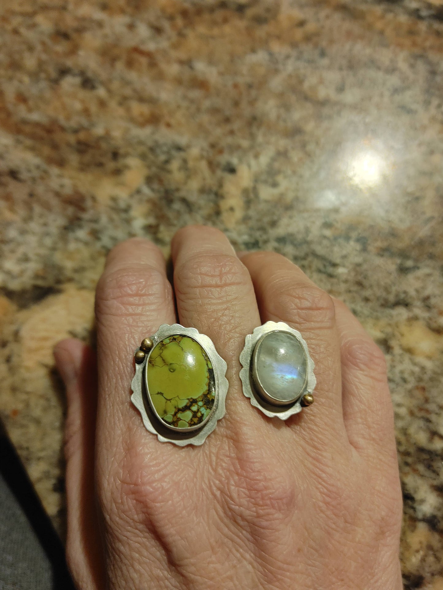 Handmade Turquoise Moonstone Double Ring 18K Gold Sterling Silver