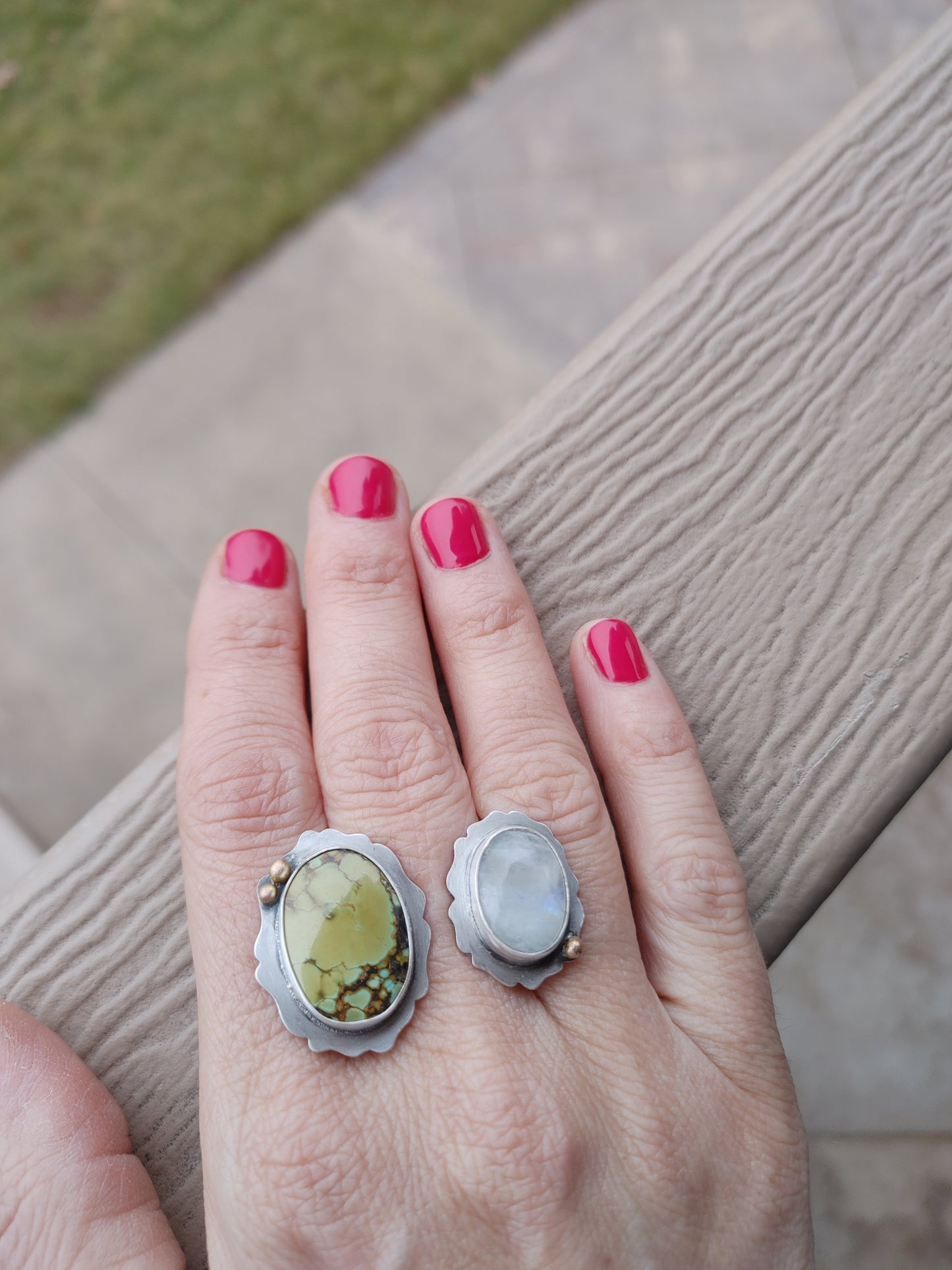 Handmade Turquoise Moonstone Double Ring 18K Gold Sterling Silver