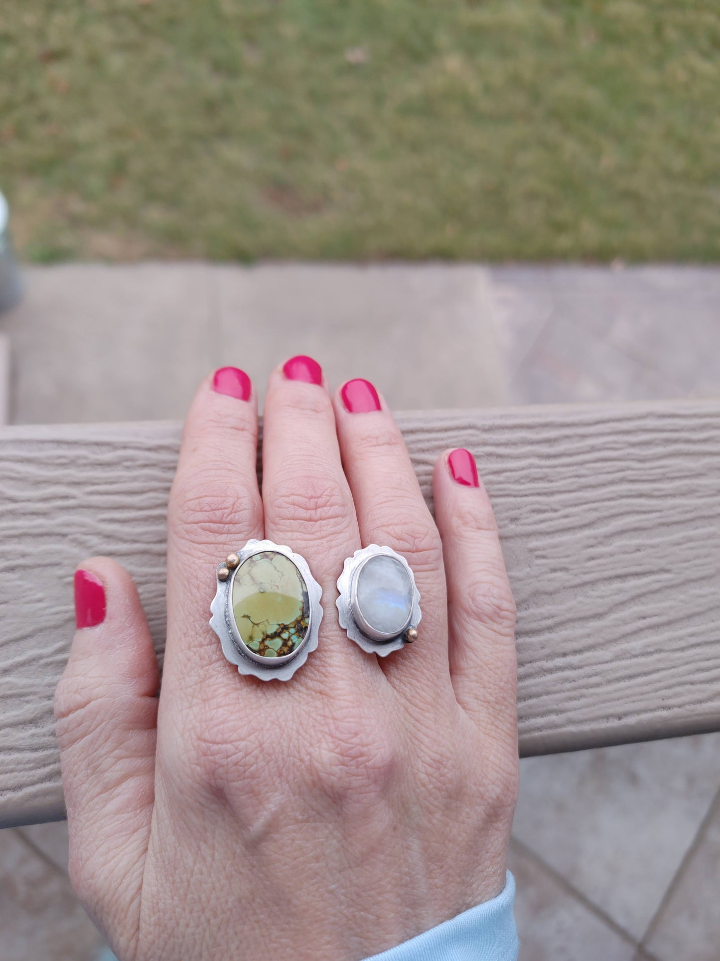Handmade Turquoise Moonstone Double Ring 18K Gold Sterling Silver