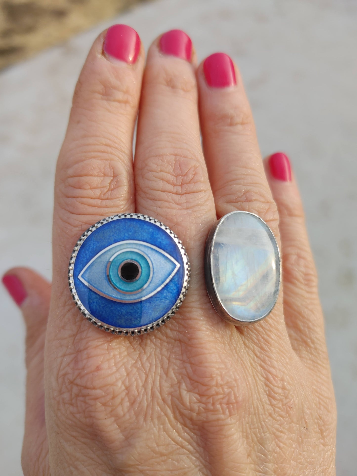 Enamel Cloisonné Evil Eye Moonstone Double Between the fingers Ring Size 6