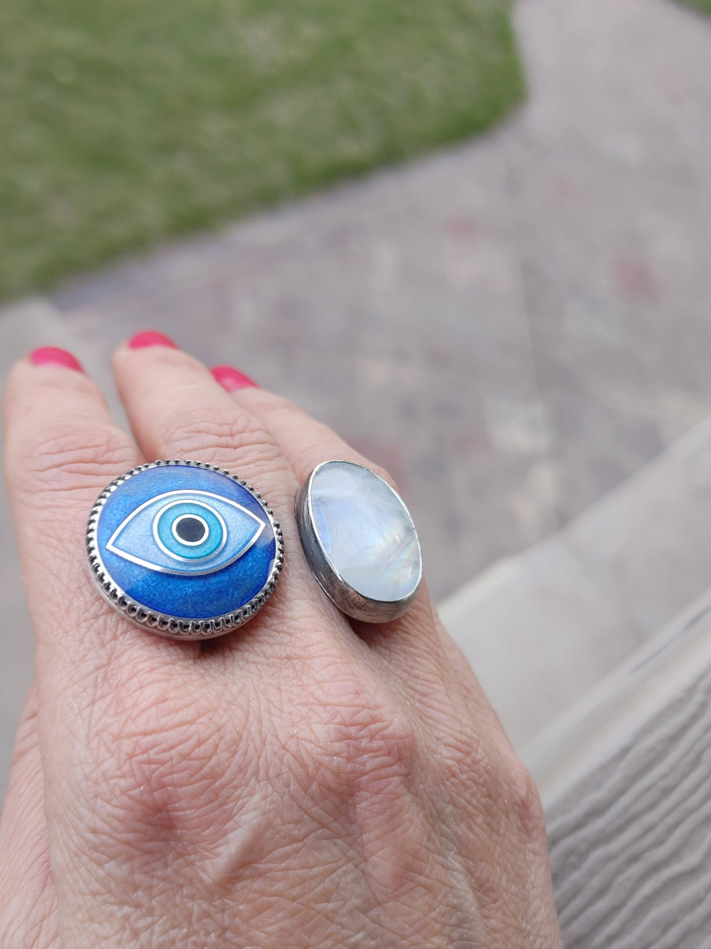 Enamel Cloisonné Evil Eye Moonstone Double Between the fingers Ring Size 6