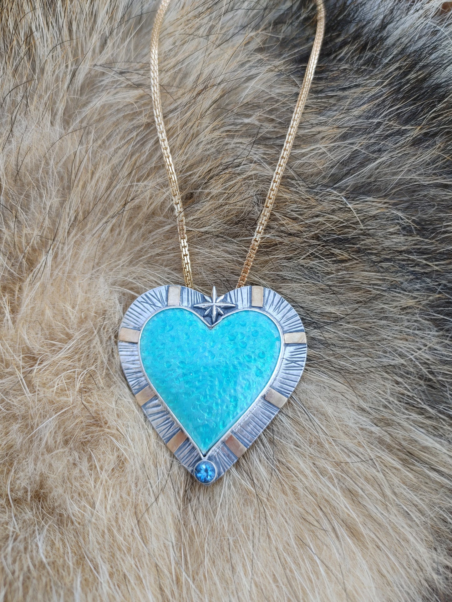Enamel Blue Heart Northern Star Necklace Handmade Silver and 18K gold