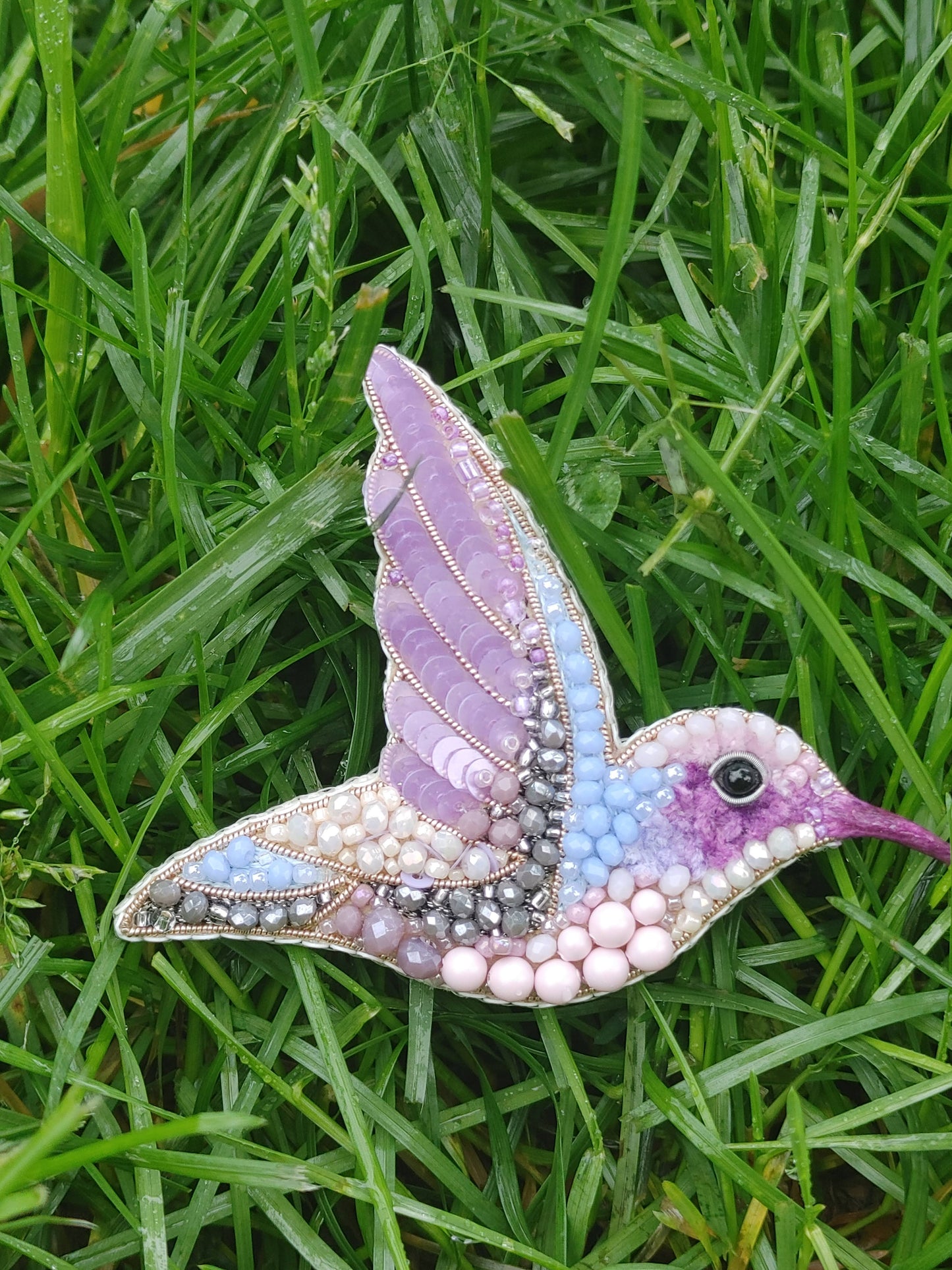 Beaded Embroidered Brooch Humminbird Handmade