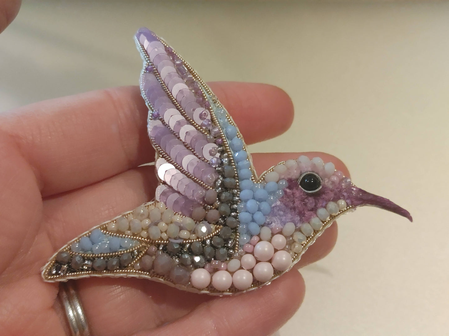 Beaded Embroidered Brooch Humminbird Handmade