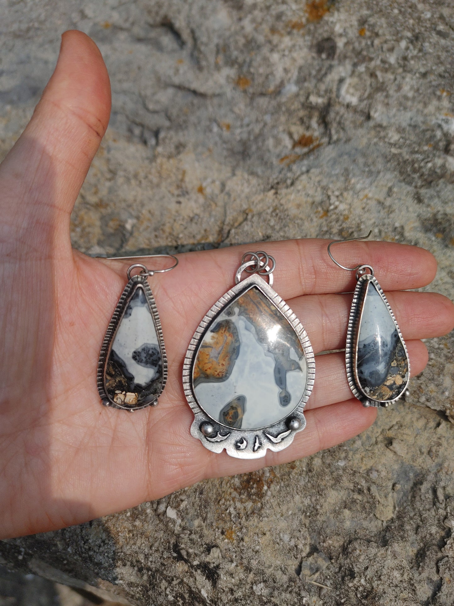 Maligano Landscape Jasper Pendant and Earrings Sterling Silver
