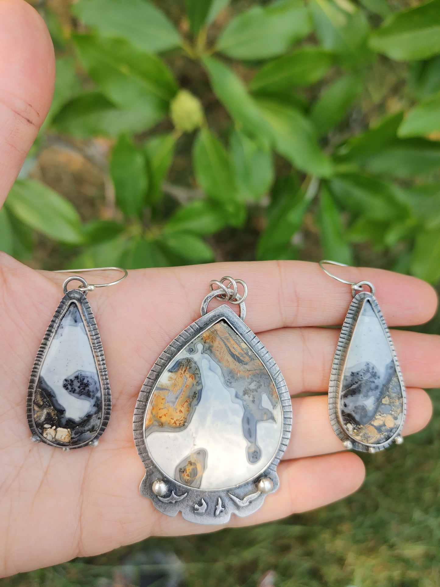 Maligano Landscape Jasper Pendant and Earrings Sterling Silver
