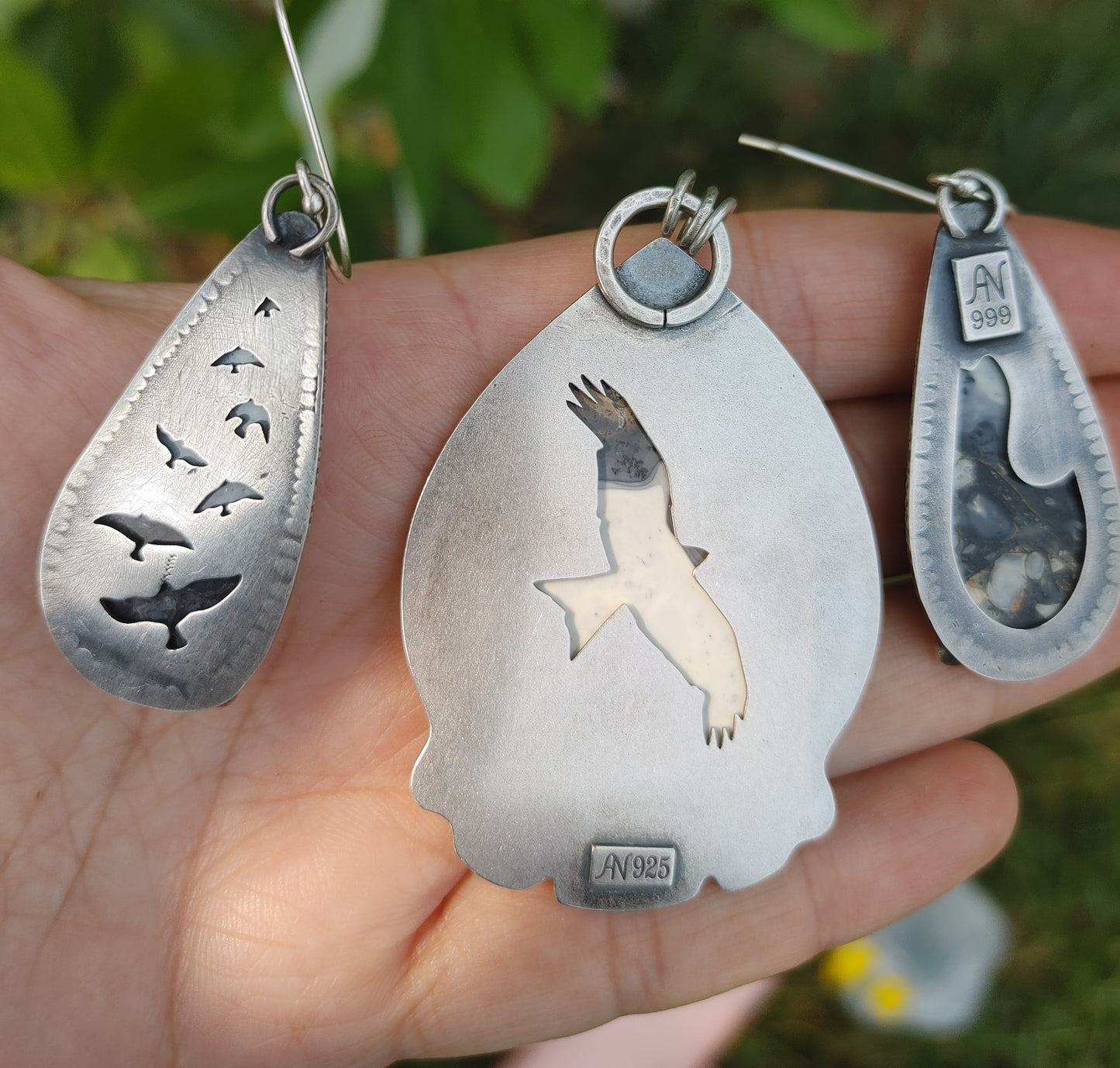 Maligano Landscape Jasper Pendant and Earrings Sterling Silver