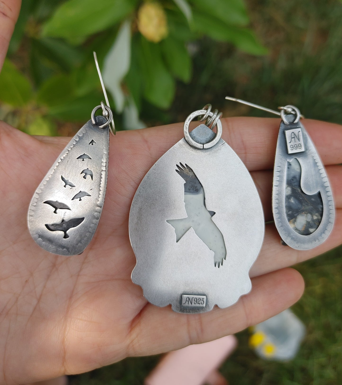 Maligano Landscape Jasper Pendant and Earrings Sterling Silver
