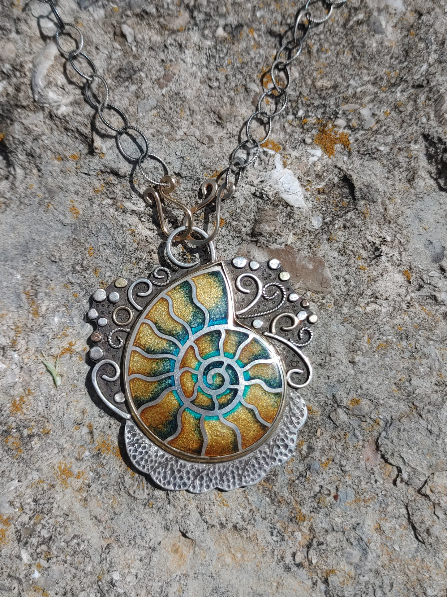 14K Gold Silver Enamel Ammonite Cloisonne Necklace Handmade Engraved