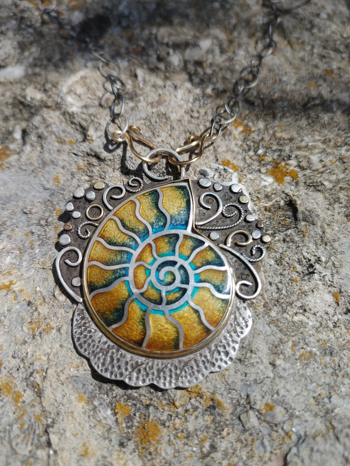14K Gold Silver Enamel Ammonite Cloisonne Necklace Handmade Engraved