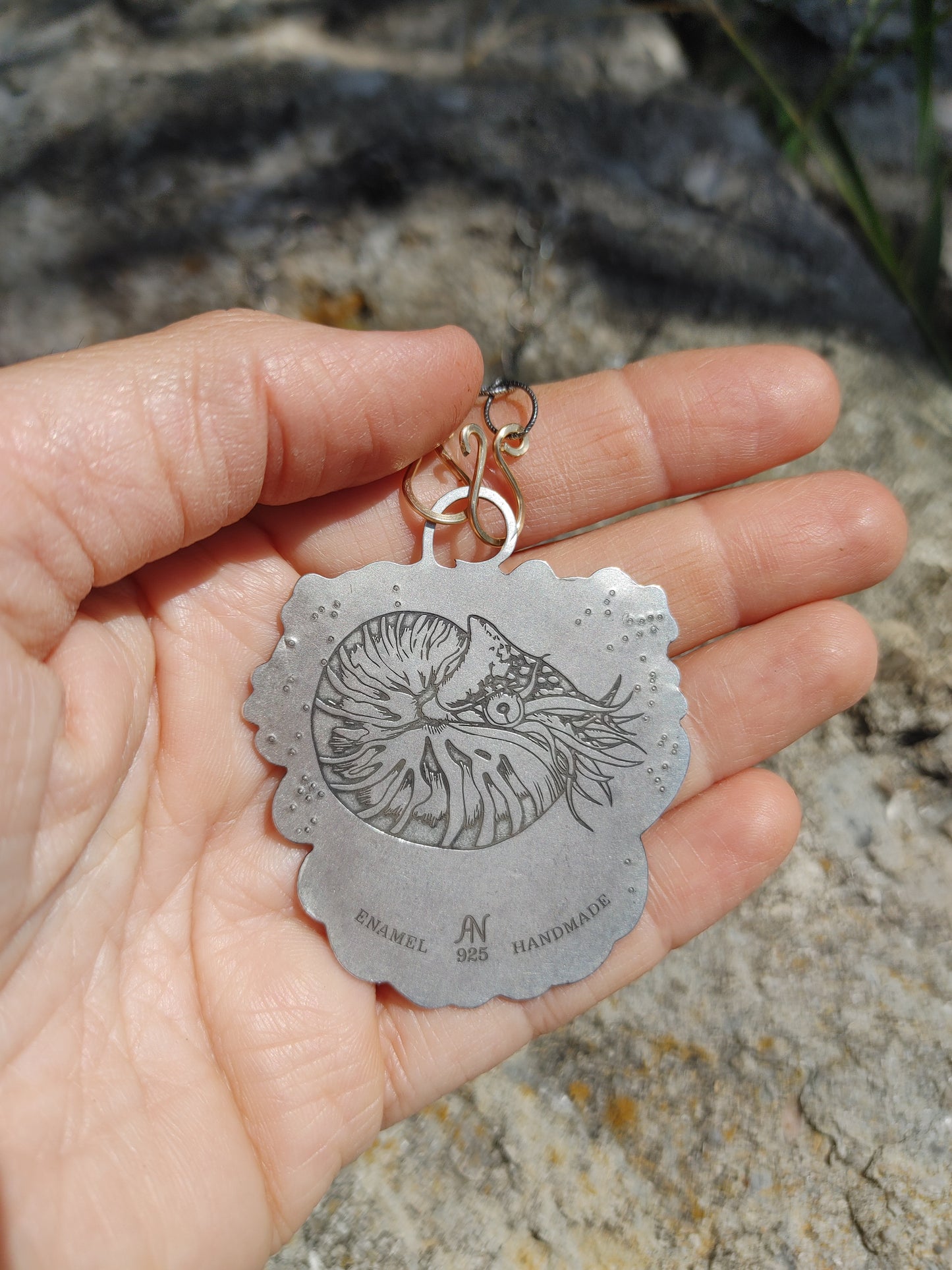 14K Gold Silver Enamel Ammonite Cloisonne Necklace Handmade Engraved