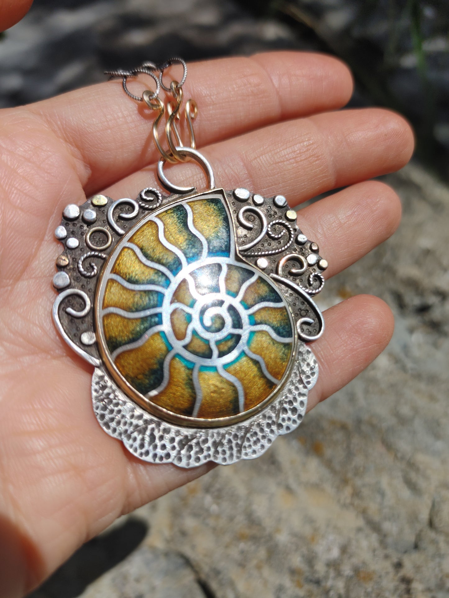 14K Gold Silver Enamel Ammonite Cloisonne Necklace Handmade Engraved