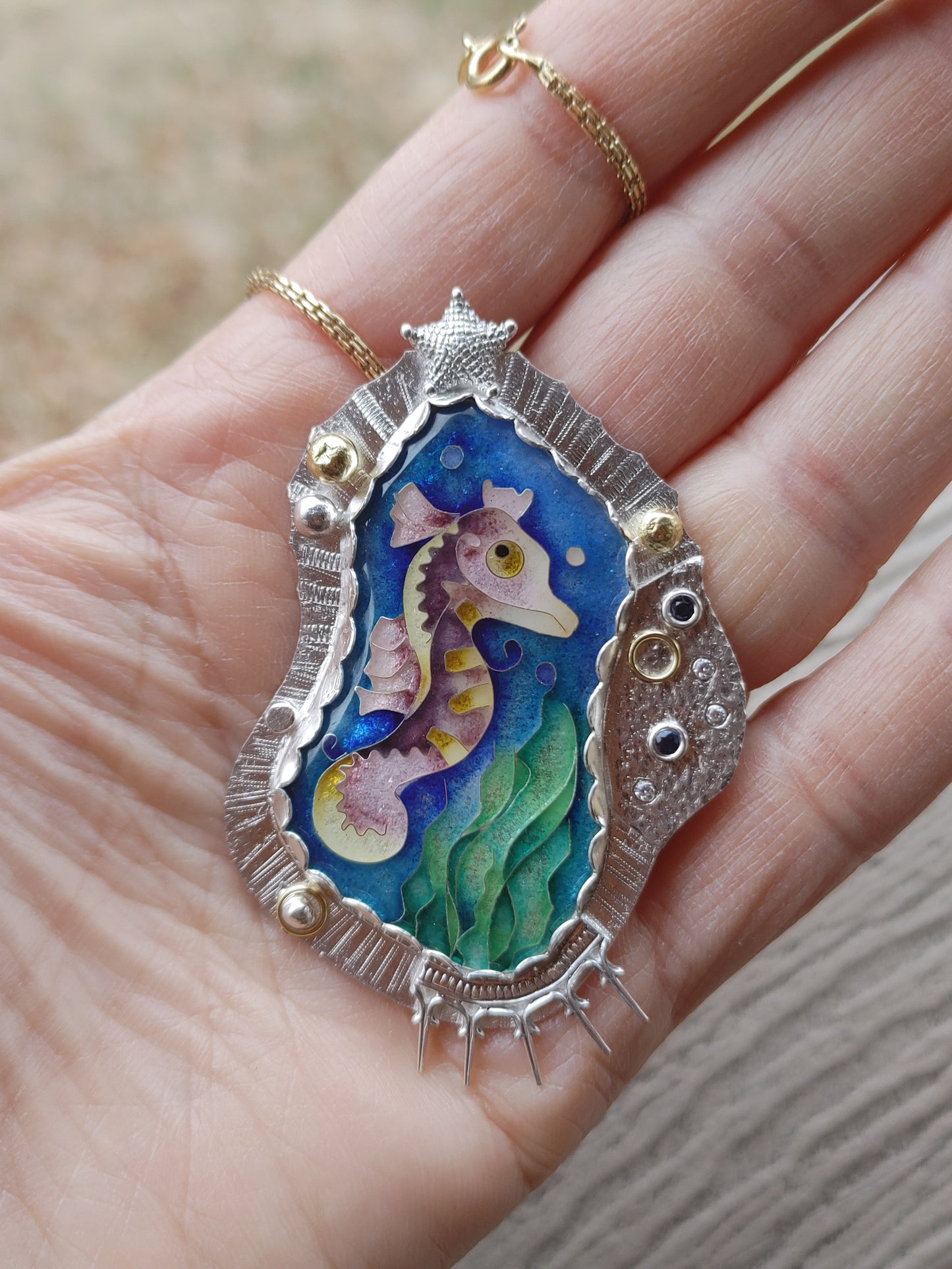 Enamel Cloisonne Seahorse Necklace Handmade 14K Gold Silver