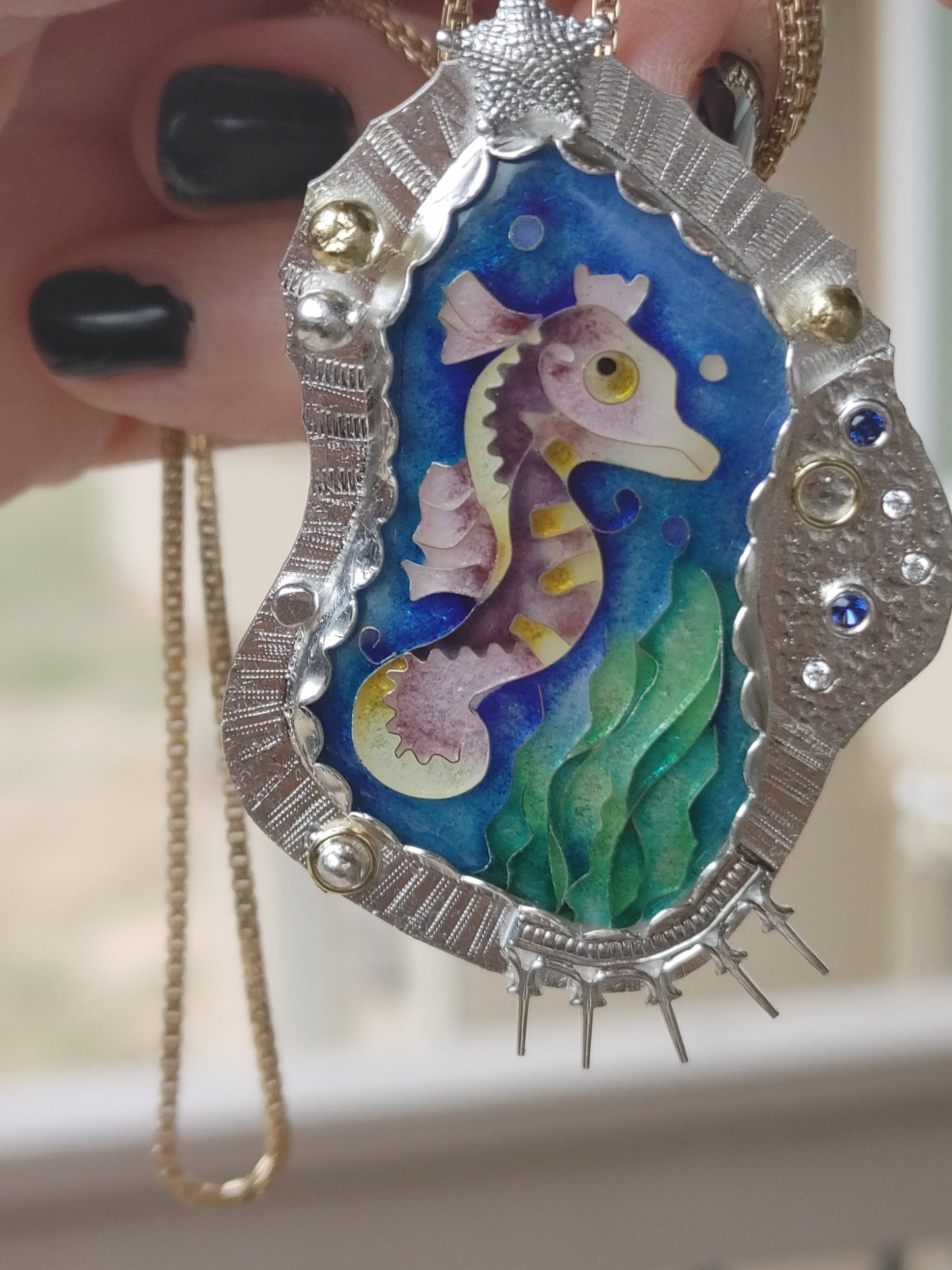 Enamel Cloisonne Seahorse Necklace Handmade 14K Gold Silver